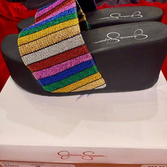 JESSICA SIMPSON MULTI RAINBOW METALLIC PLATFORM SANDALS SLIPPERS NEW WITH BOX 5 - Picture 5 of 9